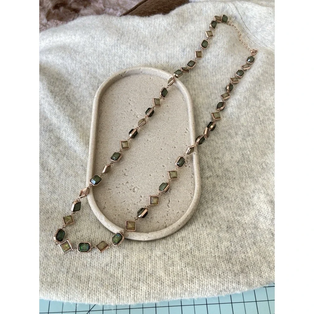 Green Aurora Glass Station Necklace Rose Gold Tone Geometric Link Long Bezel Set